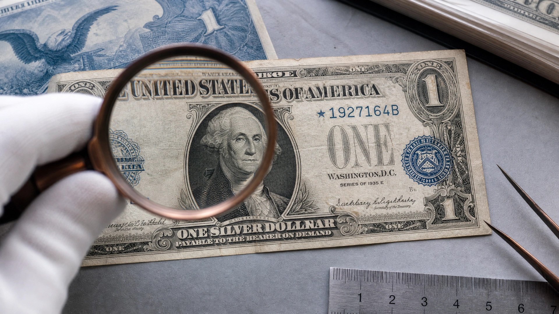 A collector examining a silver certificate with a loupe, ruler, and cotton gloves