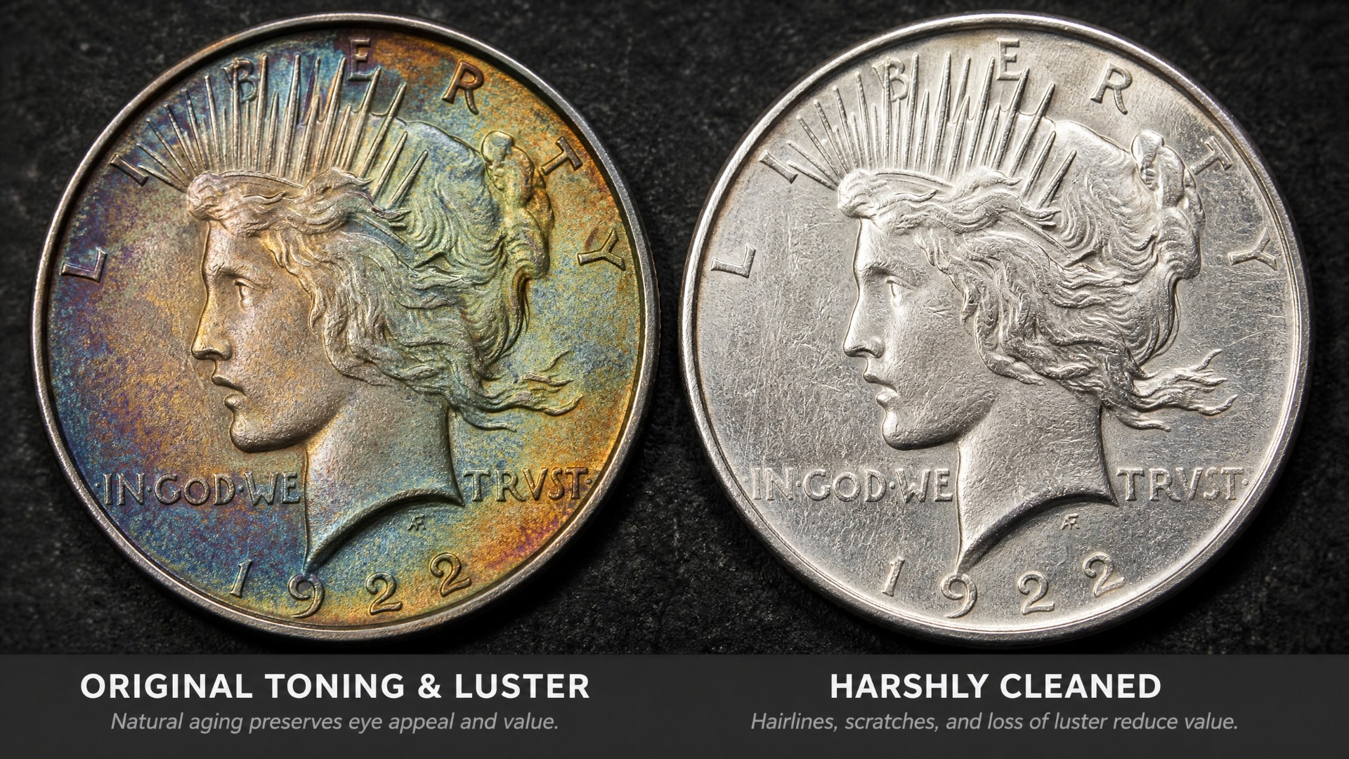 Comparison between original toning and harshly cleaned coins