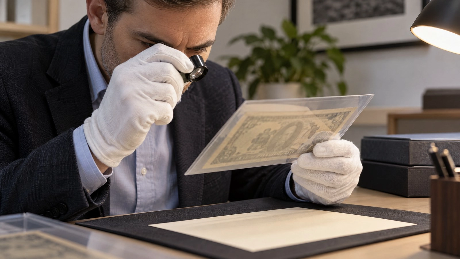 White-gloved specialist carefully inspecting a paper currency note in an archival sleeve with a loupe.