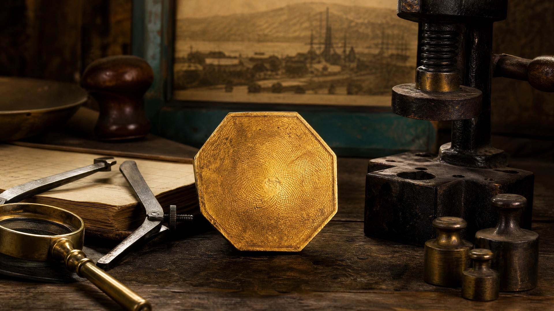 An octagonal pioneer gold slug beside a hand press and assay tools in a California mining-era workshop