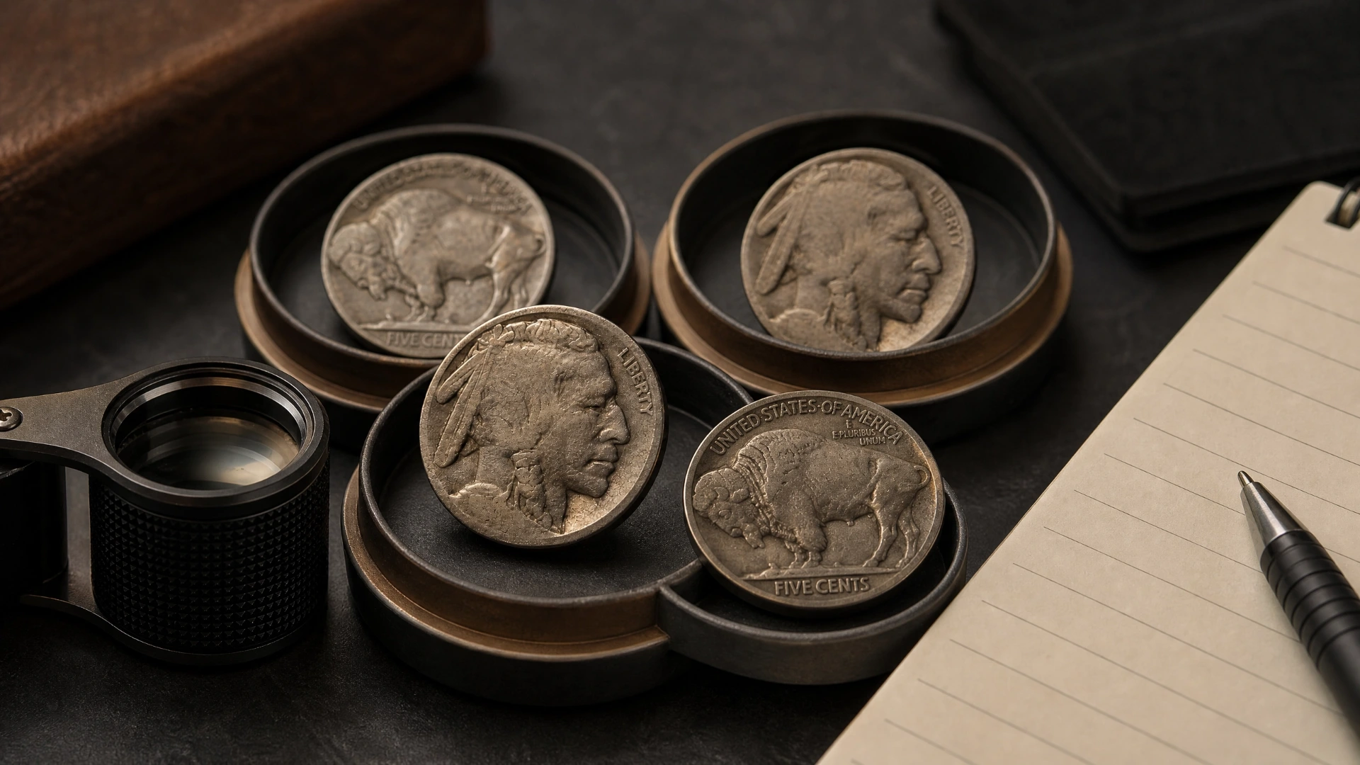 Curated group of Buffalo nickels arranged for date, mint-mark and condition comparison