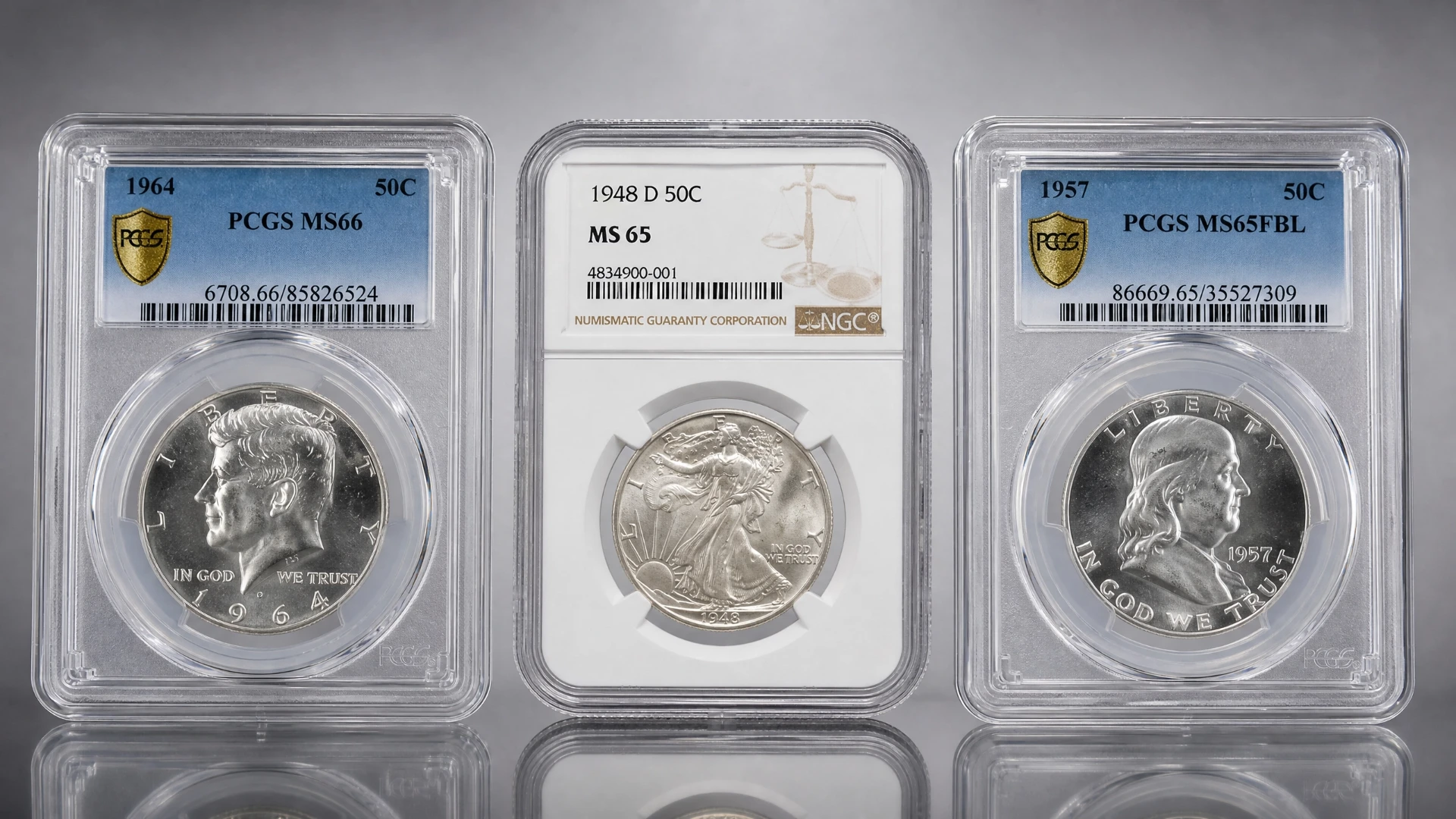 Certified mint state silver half dollars in protective third-party grading slabs.