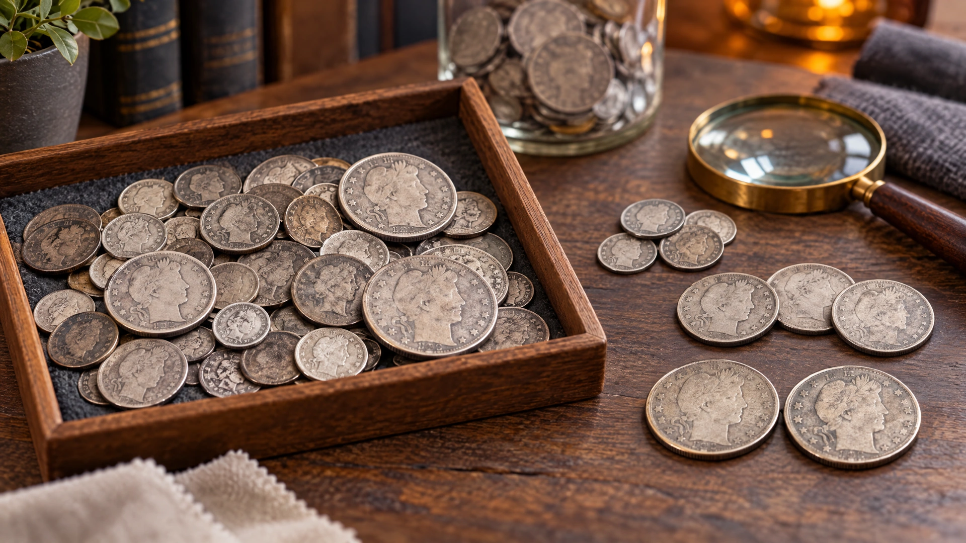 Mixed Barber silver coins being sorted into groups on an appraisal desk