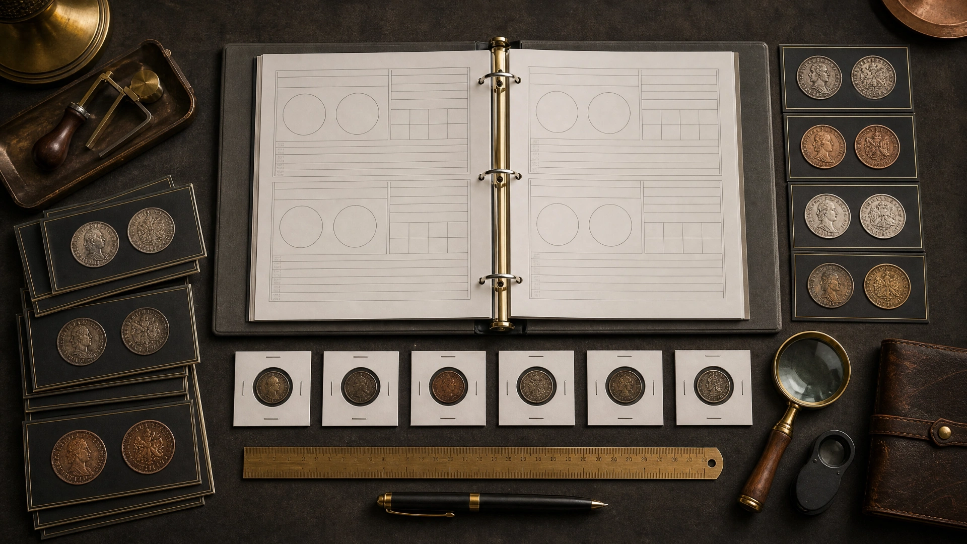 Appraisal binder, coin photographs, holders and measuring tools arranged for documentation