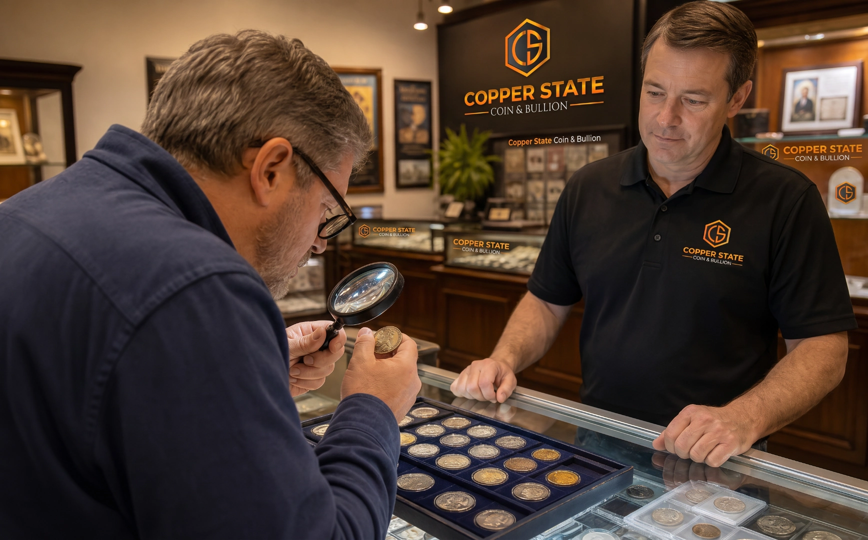 A customer examining coins at a professional coin dealer's counter