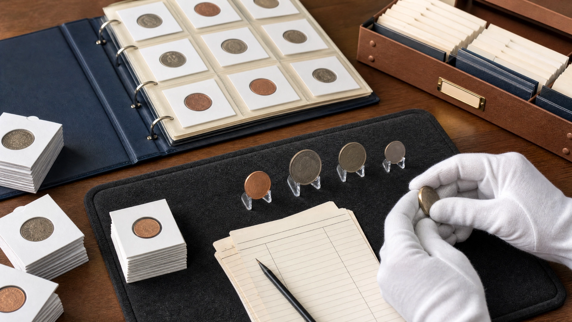 An organized coin album, archival flips, storage box, and inventory notes on a collector's desk