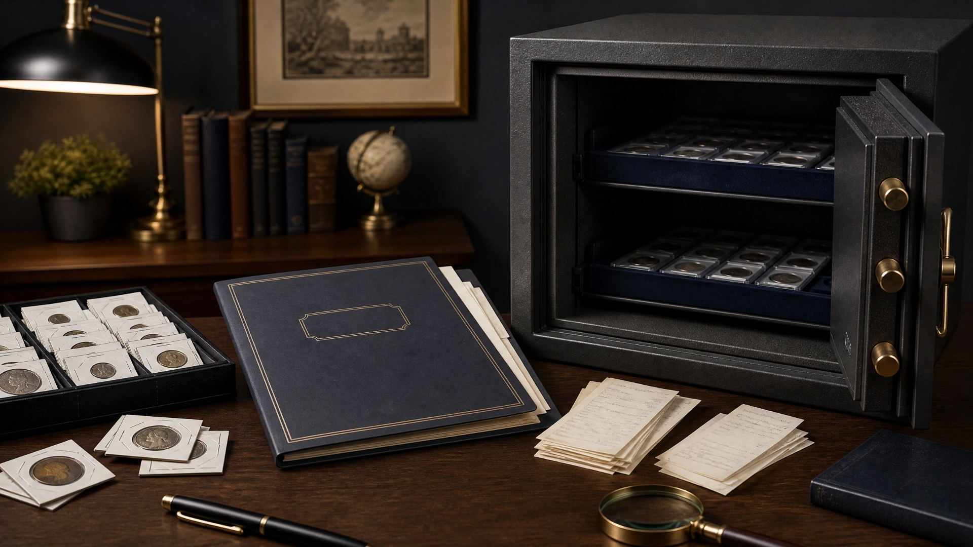 Coin trays and appraisal records organized near a secure home safe