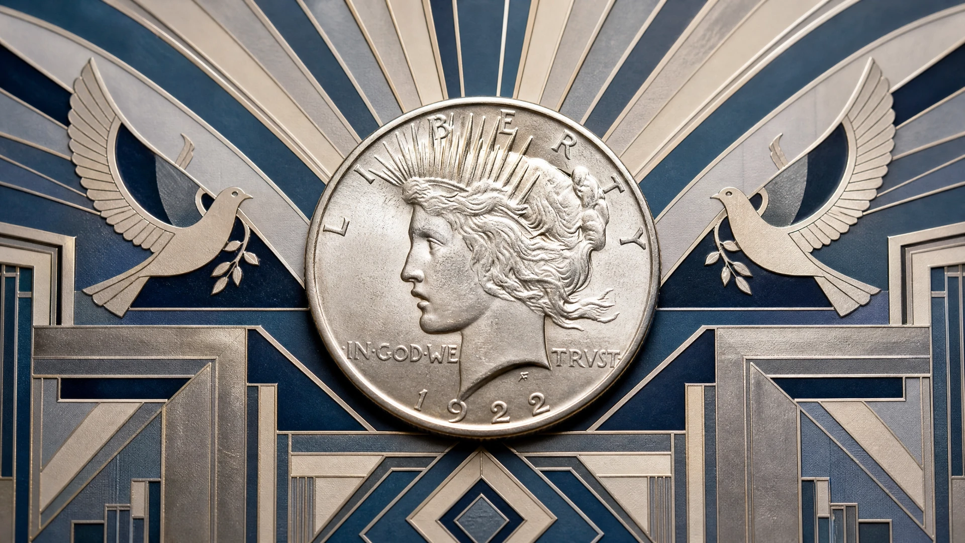 Peace silver dollar displayed against an Art Deco geometric background with dove of peace motifs, reflecting the coin's post-WWI commemorative design