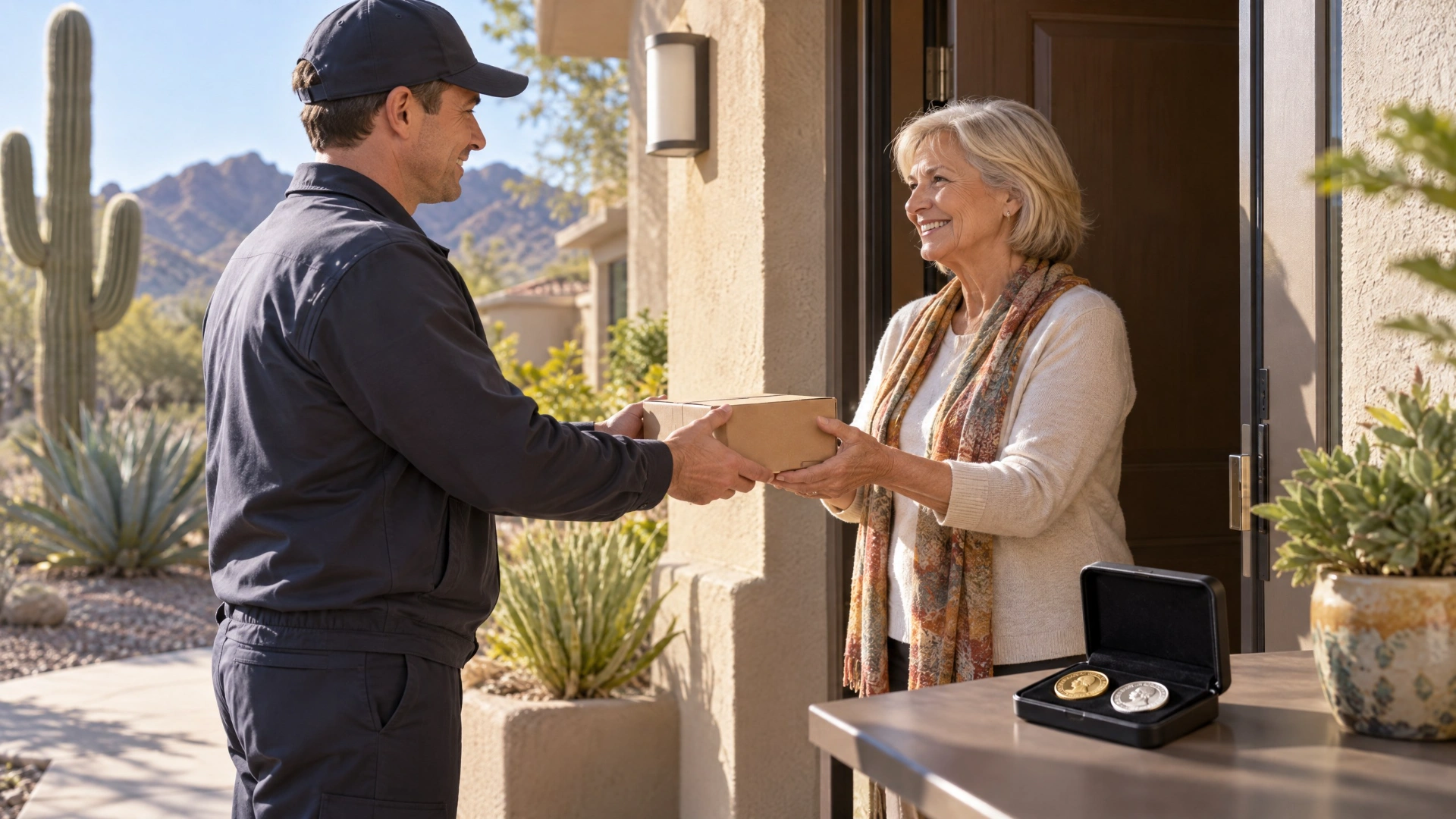 A courier hands a parcel directly to a homeowner at a sunlit Arizona residence.