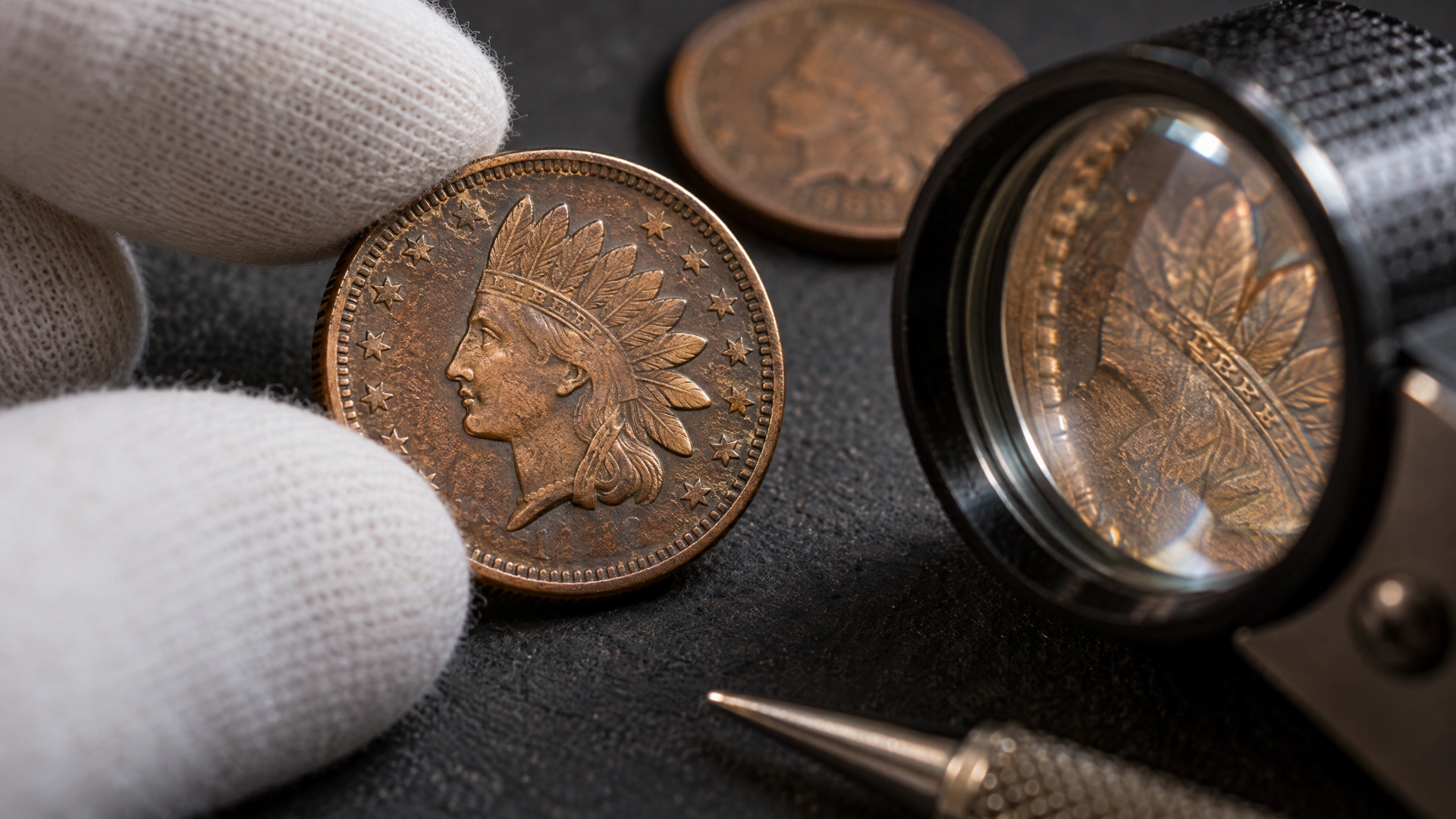 A loupe and raking light help reveal the small design details that distinguish collectible varieties.