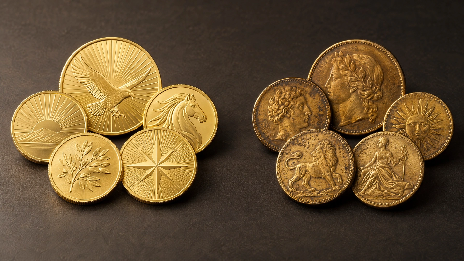 Two groups of gold coins: bright modern bullion-style coins and older, toned collectible-style coins