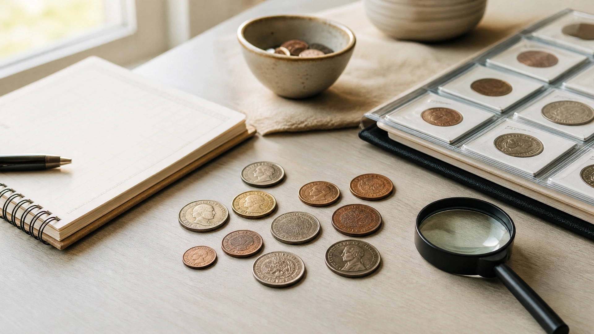 A modest beginner coin collection arranged beside a notebook, coin holders, and a magnifying glass