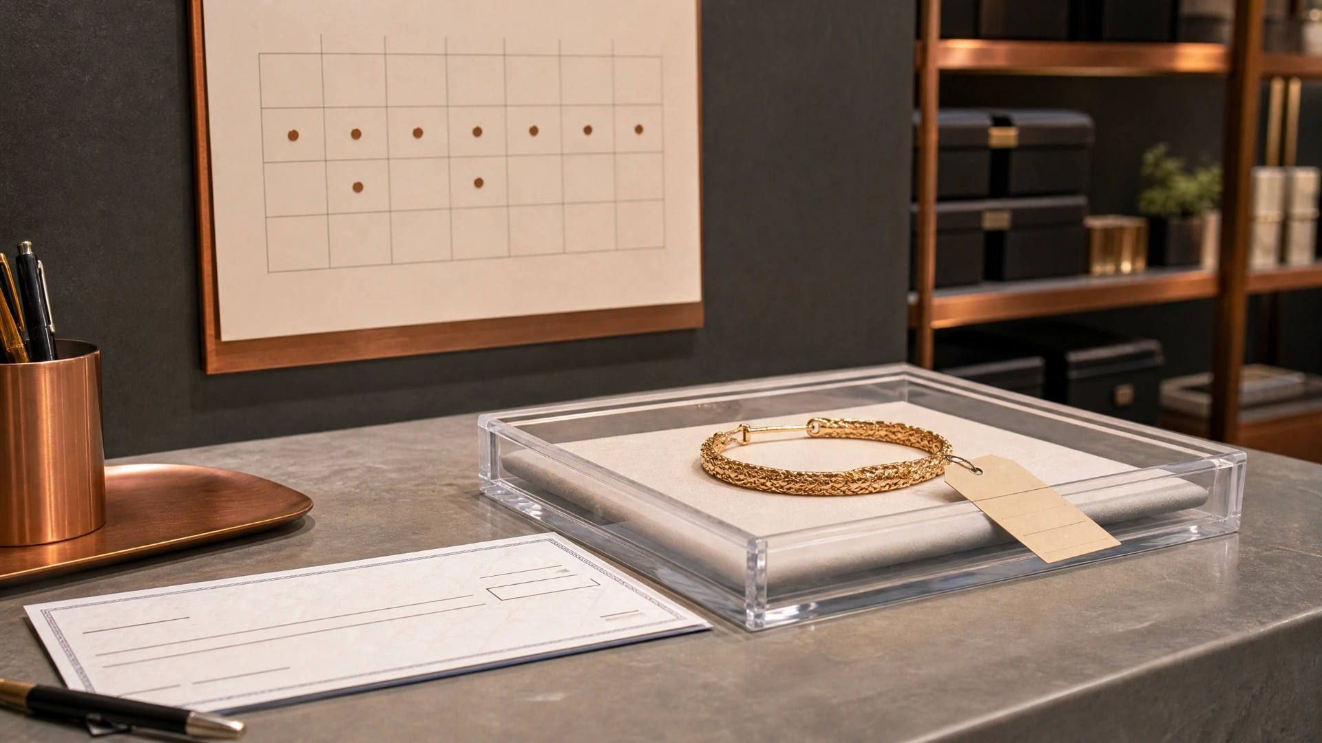 A generic check, a tagged bracelet in a clear tray, and a calendar representing the dealer’s hold and reporting process