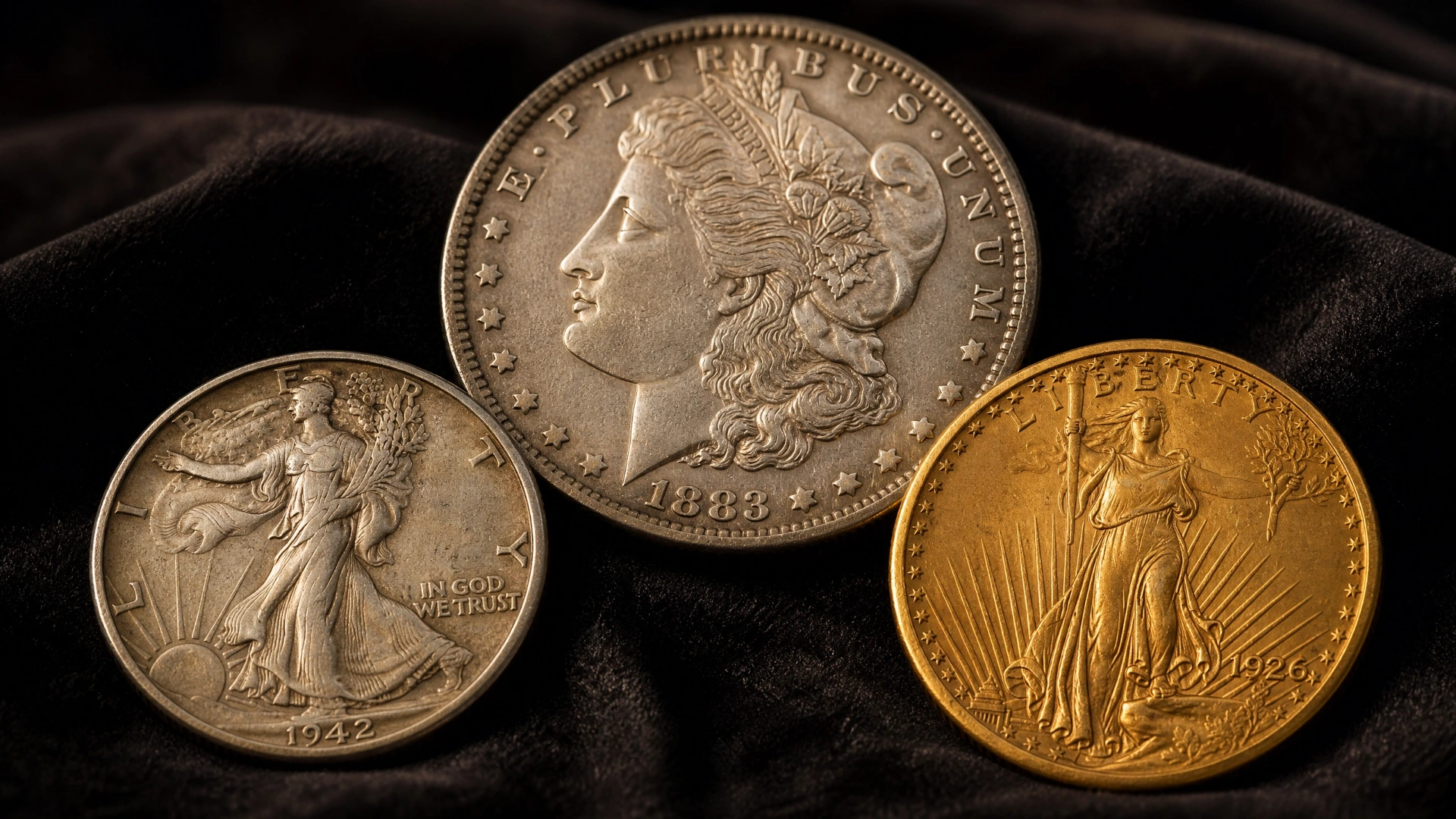 Museum-quality photograph of a Morgan silver dollar, Walking Liberty half dollar, and pre-1933 gold Eagle coin on dark velvet