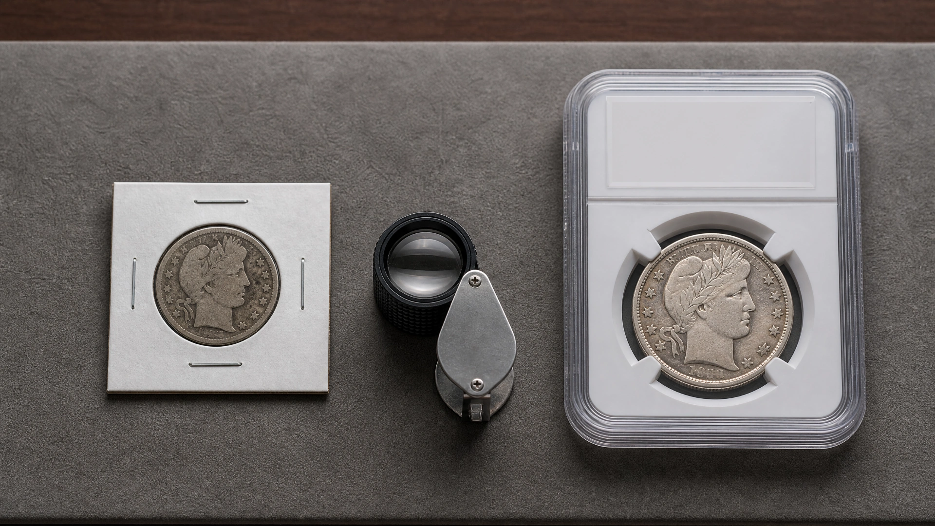 A loose coin in a paper flip compared with a coin in a professional-style certified holder