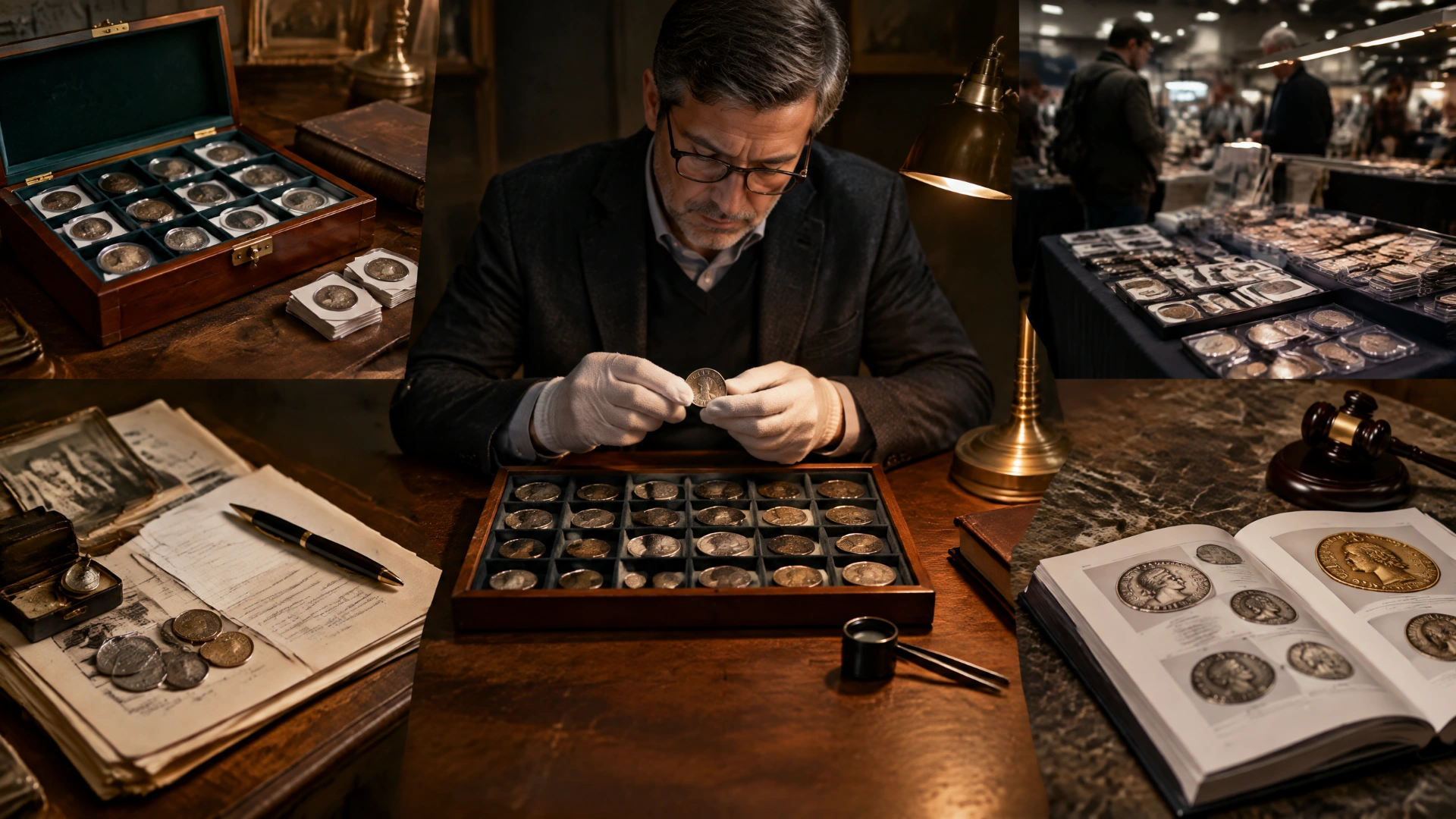 Numismatic dealer examining coins with collection, coin-show and auction materials around the desk