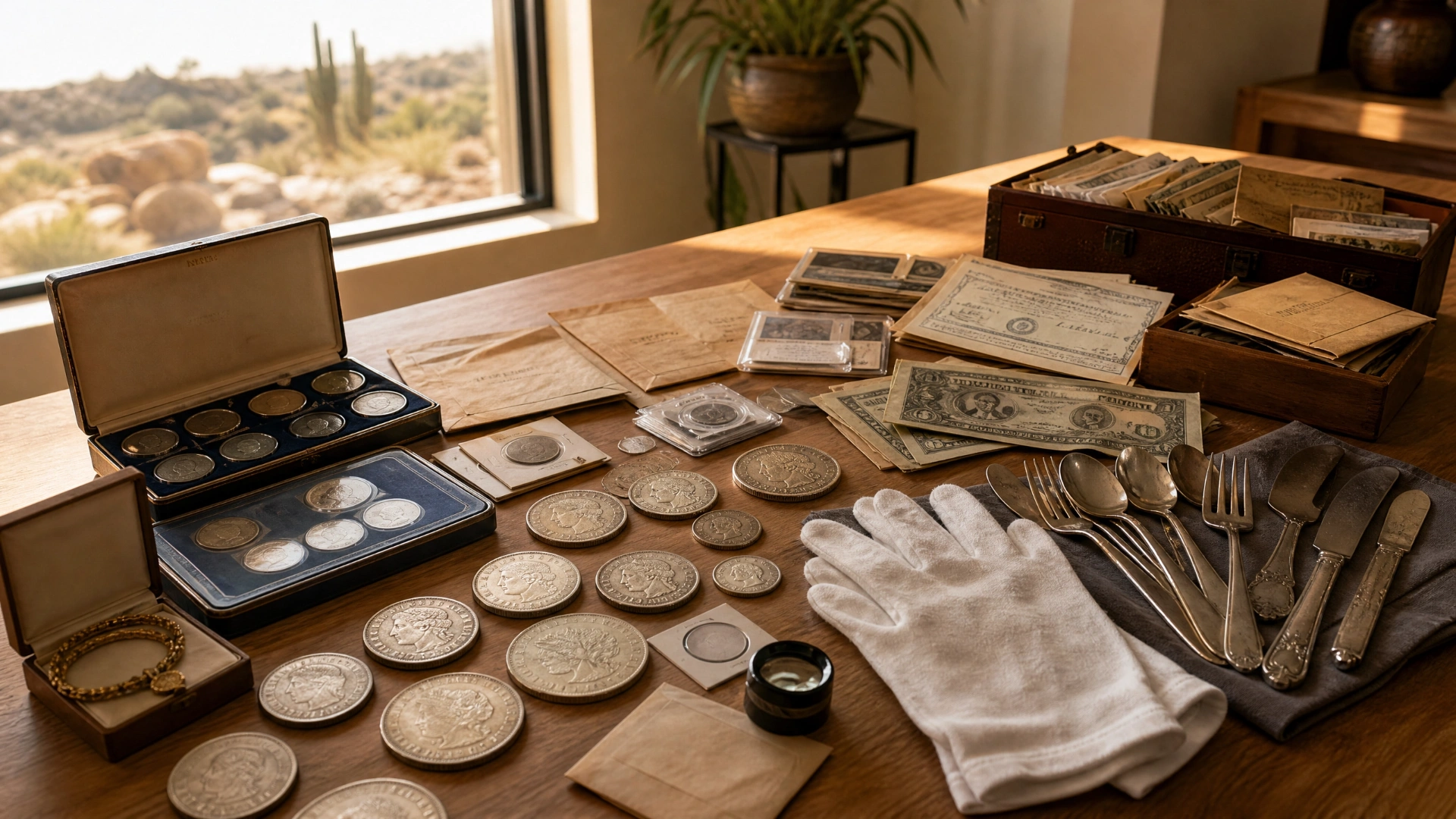 An unsorted estate lot of coins, old paper money, jewelry and flatware arranged on a table in an Arizona home