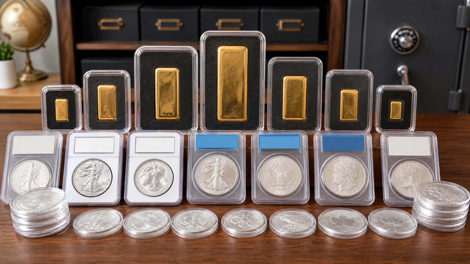 Various silver and gold coins scattered on a table, highlighting their distinct colors and detailed engravings.