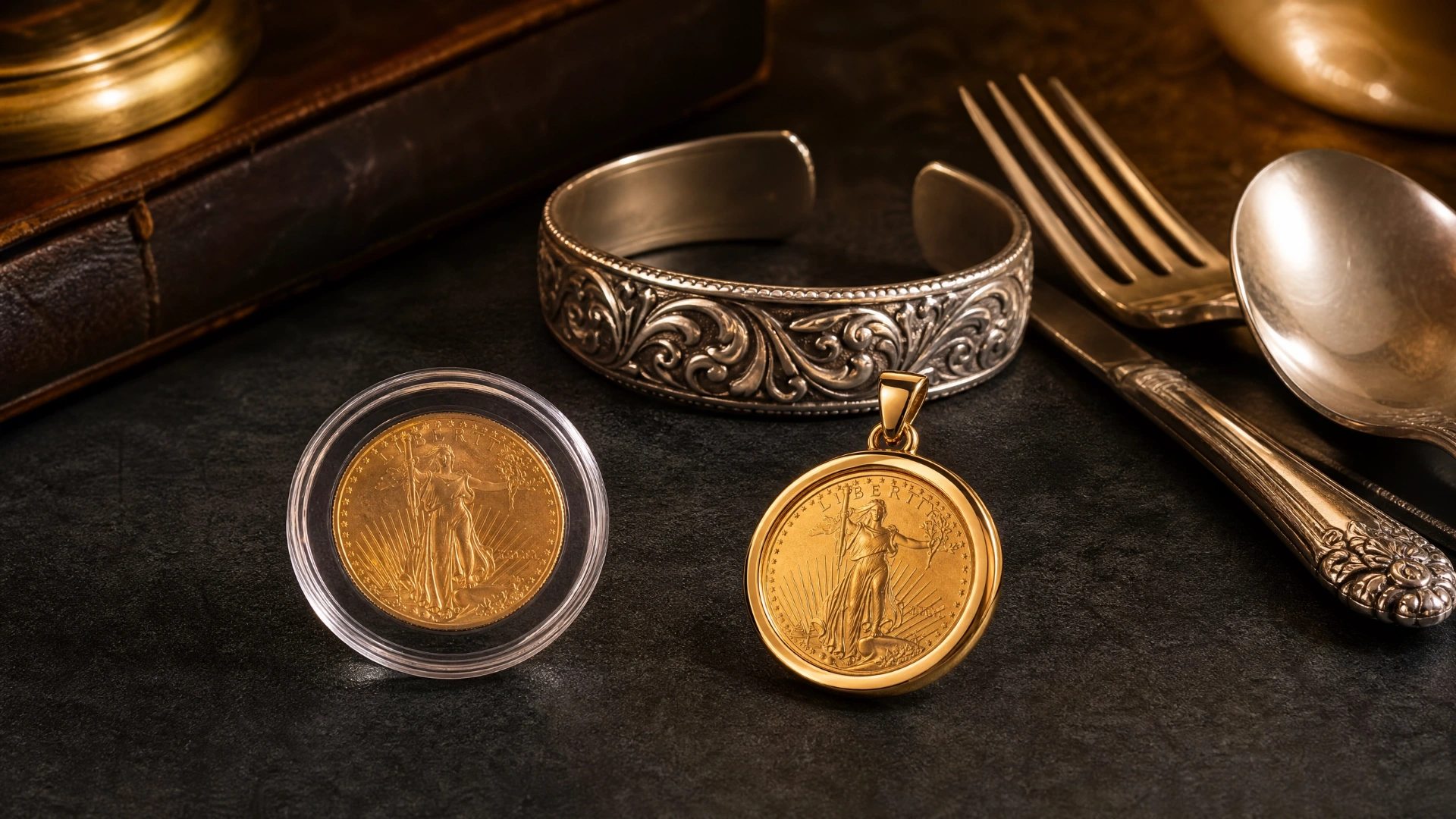 A loose gold coin in a protective holder beside a similar coin mounted as a pendant, with silver flatware behind them