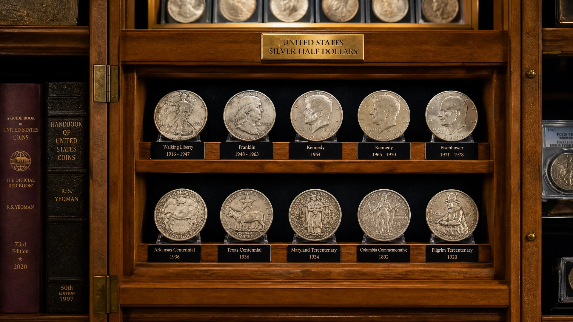 A collection display cabinet featuring classic U.S. silver half dollars and type coins.