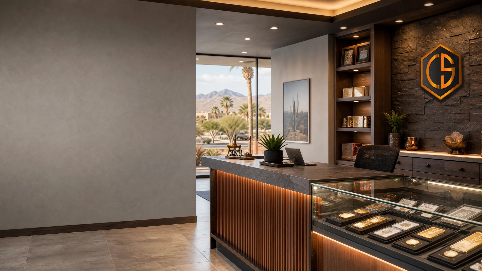 A modern Arizona coin and bullion shop counter with a desert view and Copperstate Coin & Bullion branding