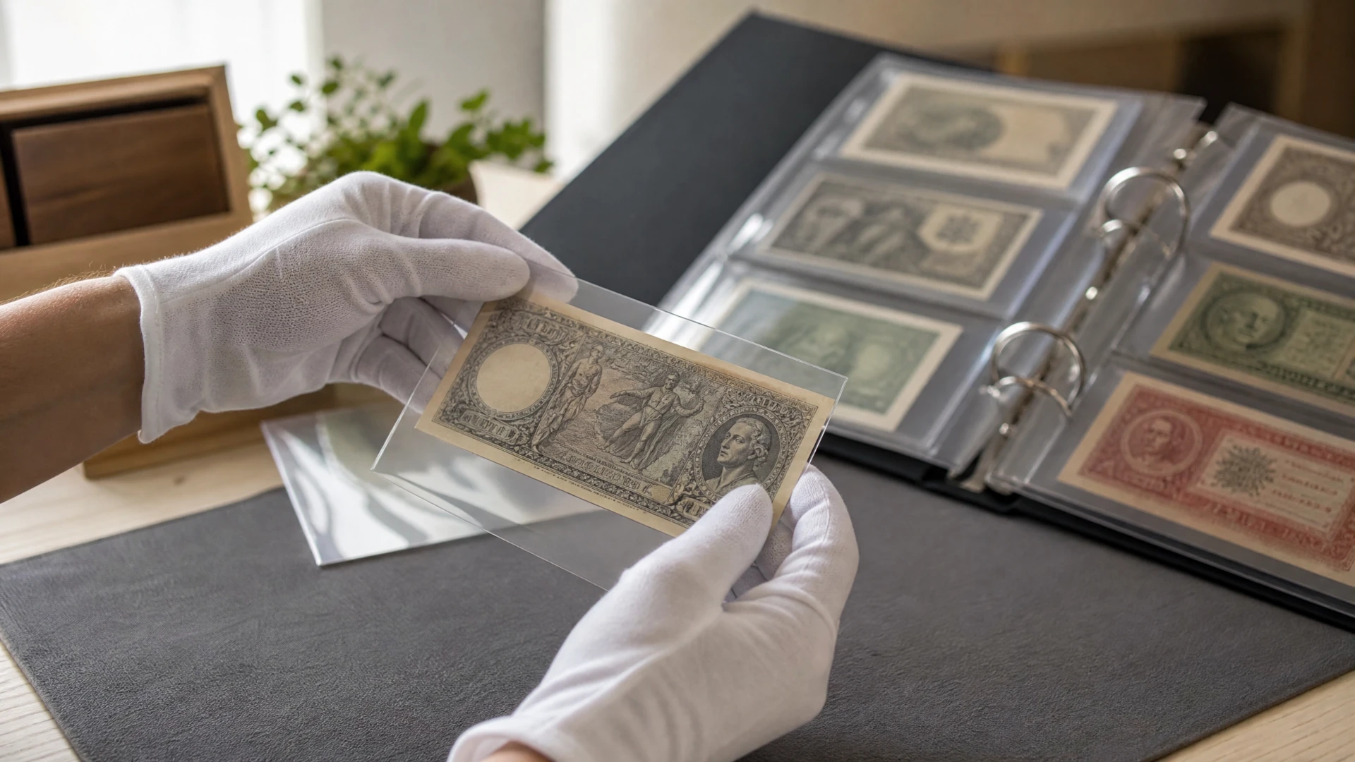 Collector with white gloves placing a note into an archival Mylar sleeve