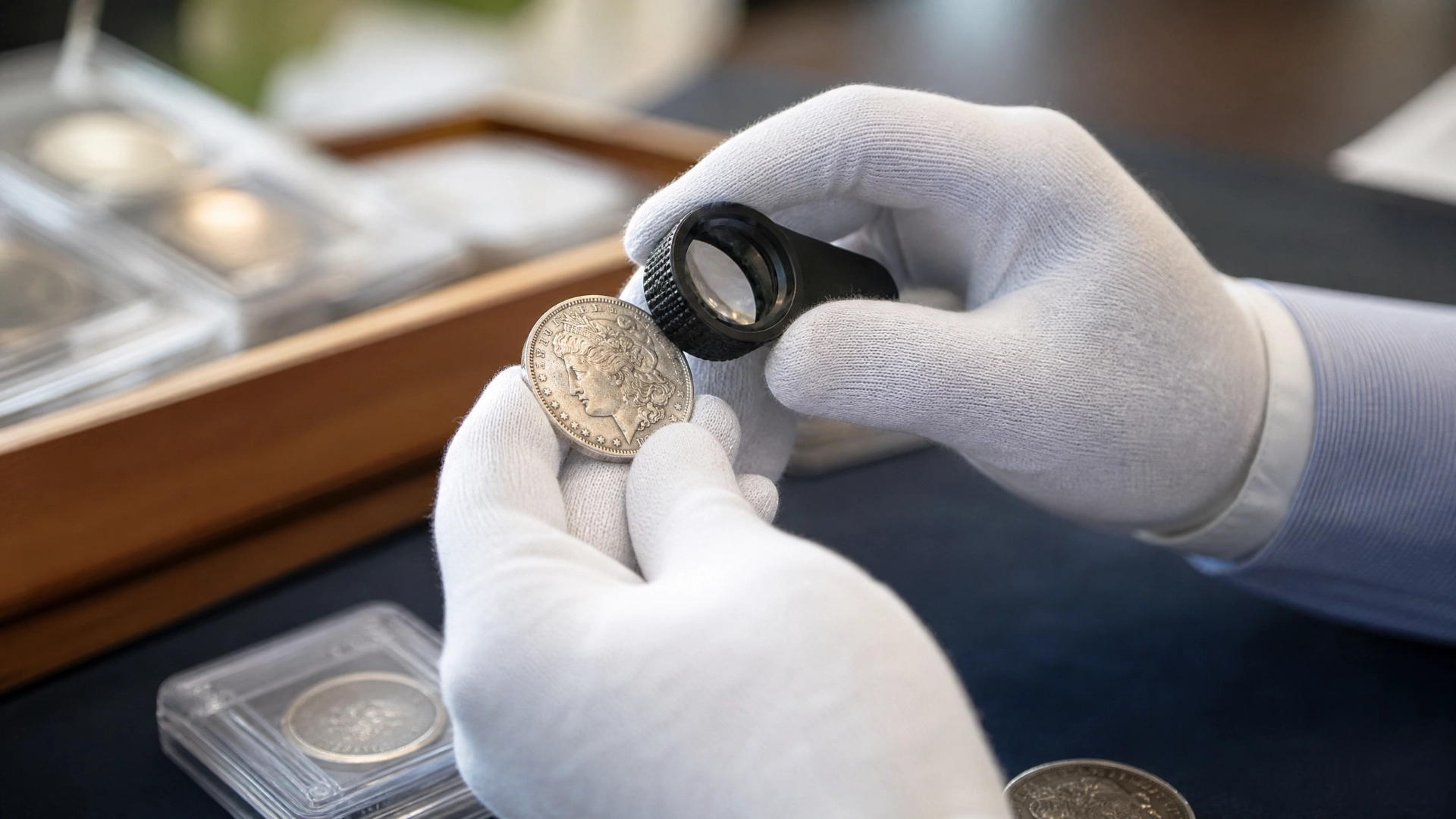 Professional coin dealer examining a silver dollar with a loupe