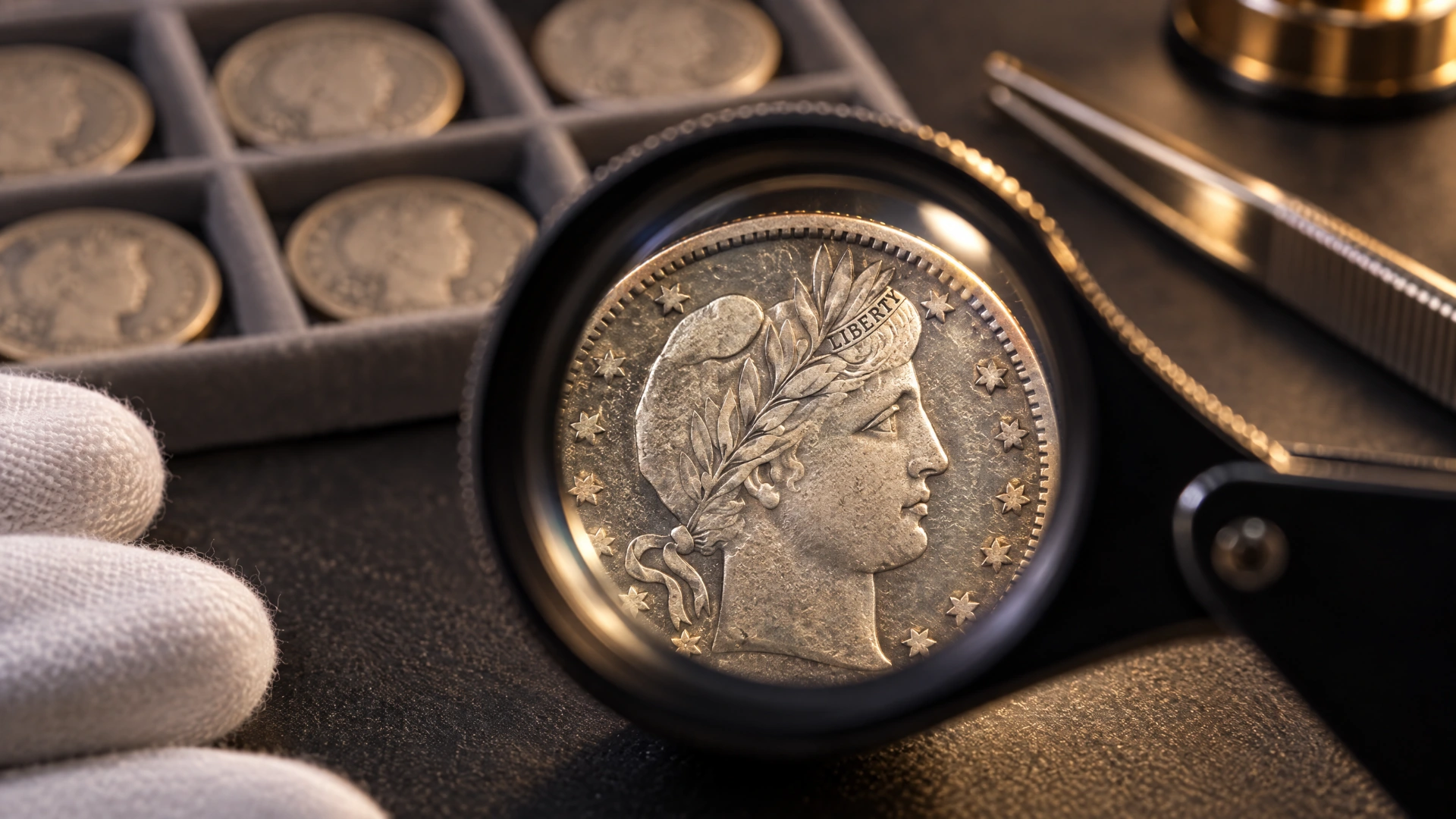 Barber quarter viewed through a jeweler's loupe during a condition inspection