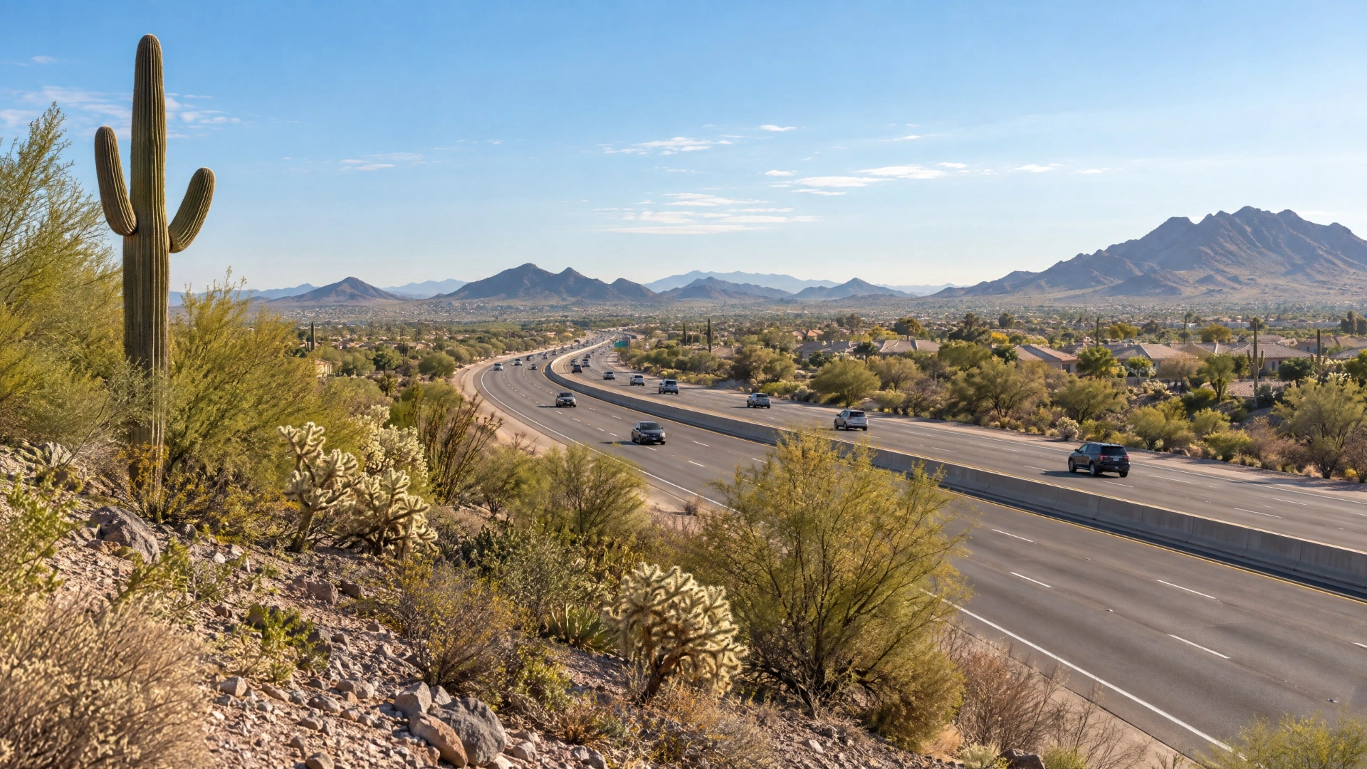 A highway crossing the Arizona West Valley desert landscape, with saguaro cacti and distant mountains