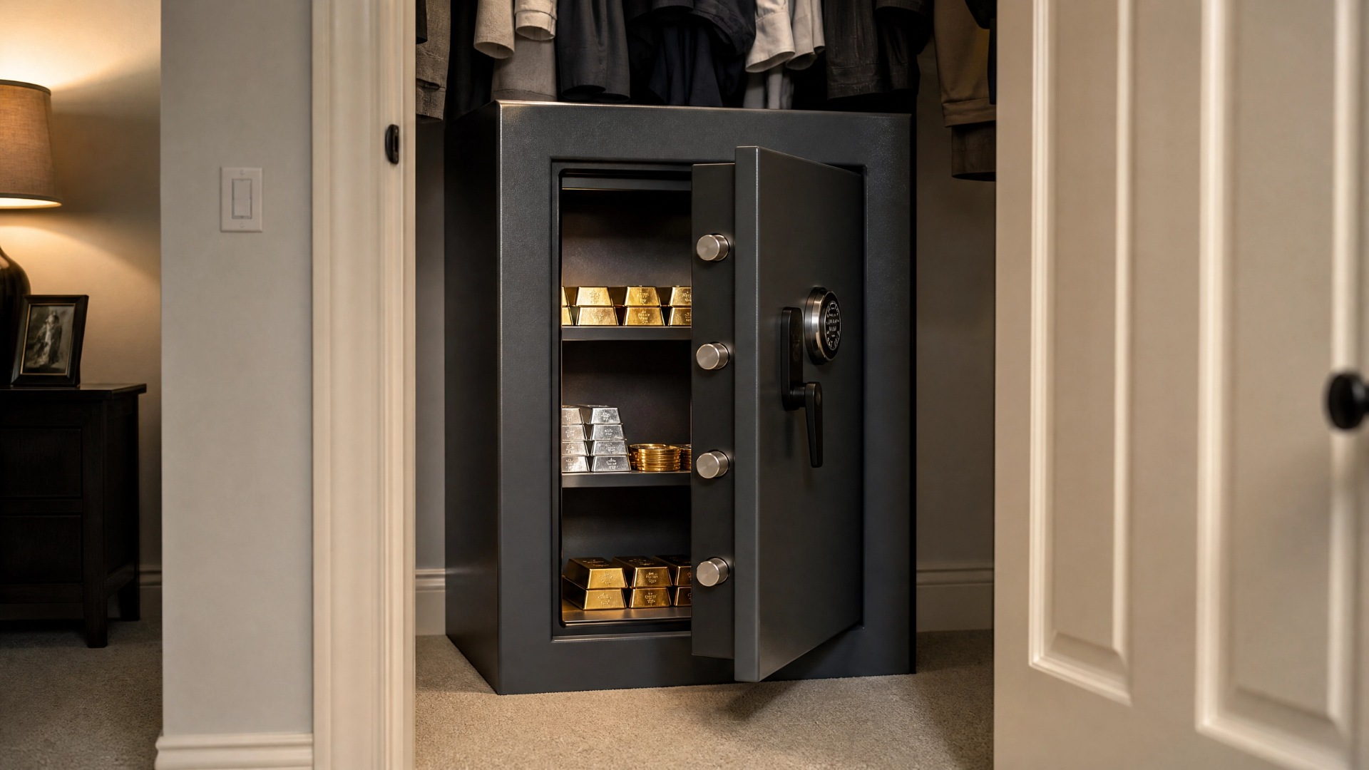 An open safe inside a closet, with the closet door partially visible.