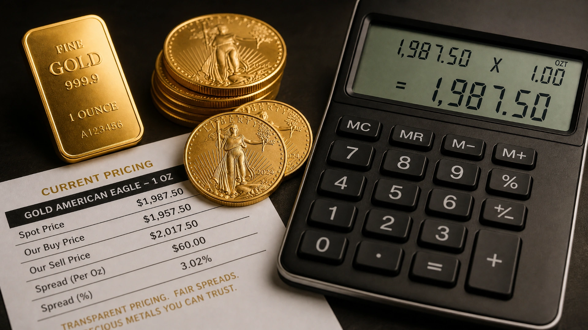 Gold coins and bar alongside a calculator showing pricing calculations