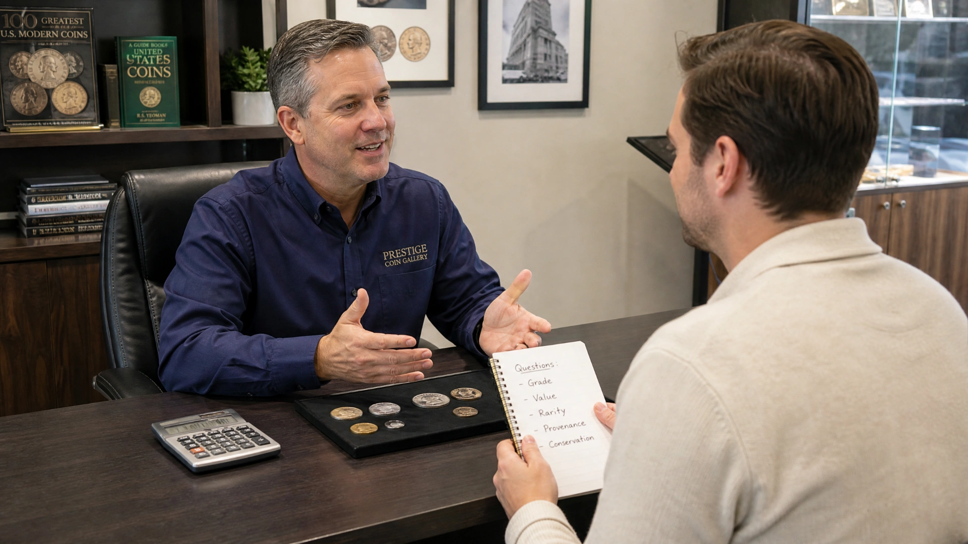 A customer reviewing questions on a notepad with a coin dealer