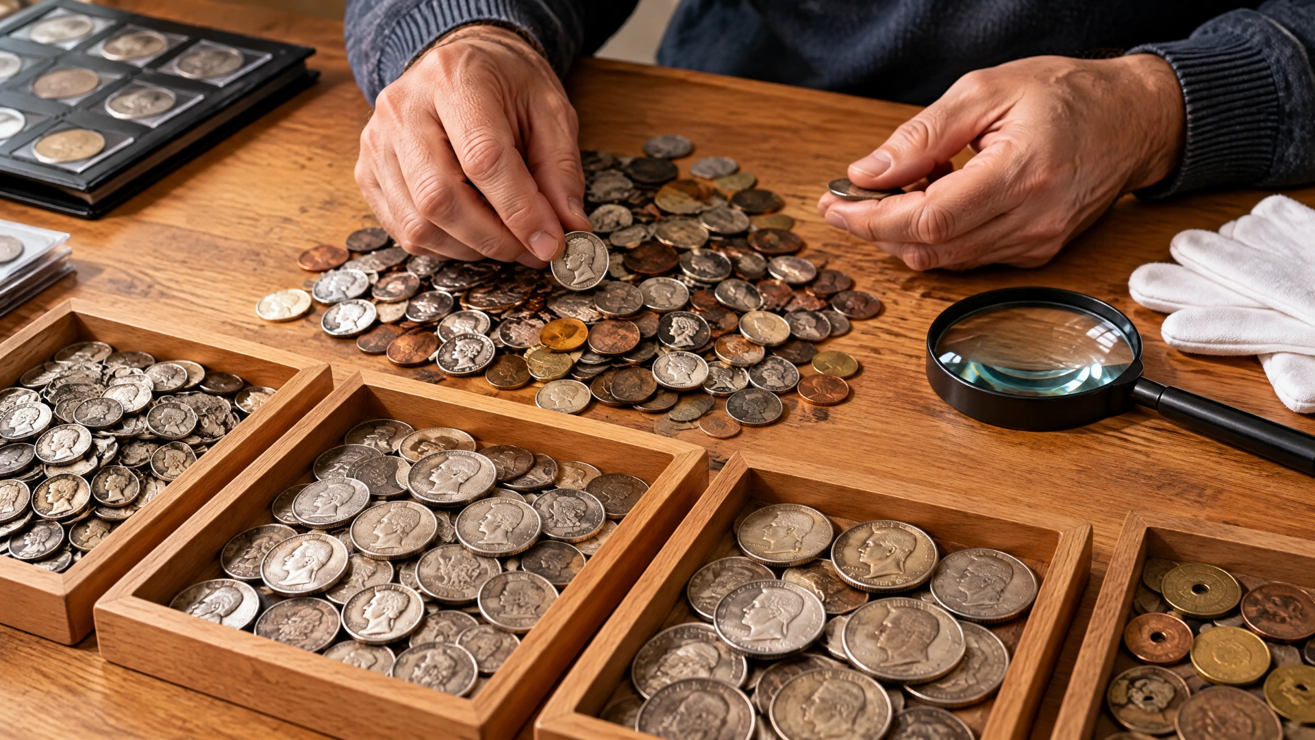 Collector sorting a mixed bulk coin lot into wooden trays with a magnifying glass nearby