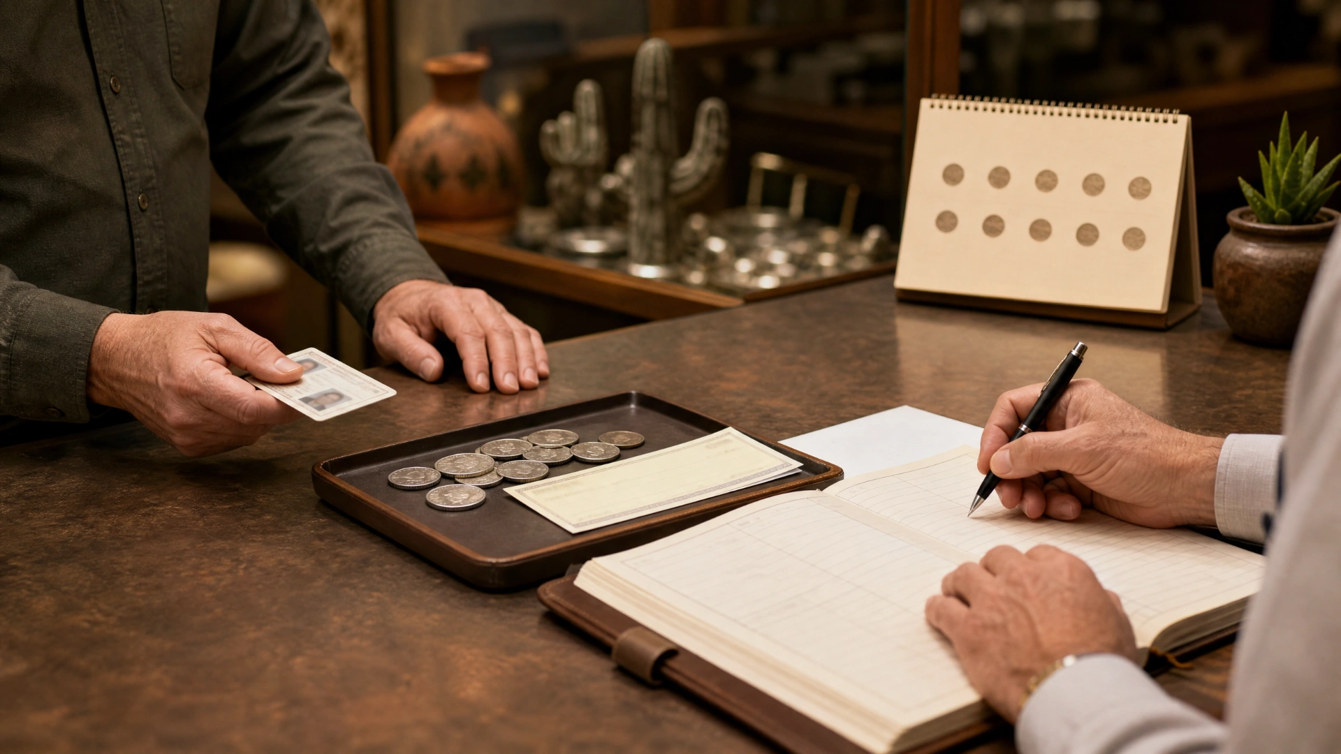 A seller presents photo identification while a dealer records a coin purchase at a counter