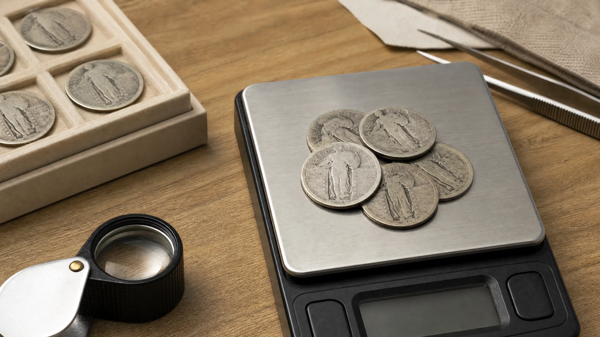 A group of worn dateless Standing Liberty quarters on a jeweler's scale beside a loupe