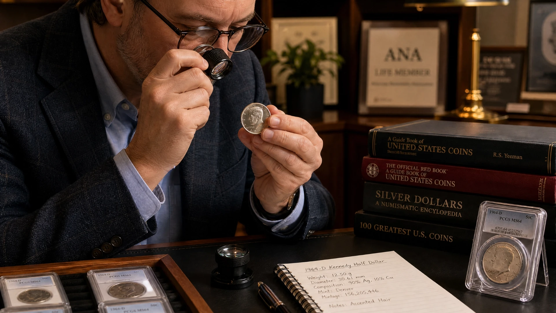 A numismatist examining a silver coin under magnification and checking references.