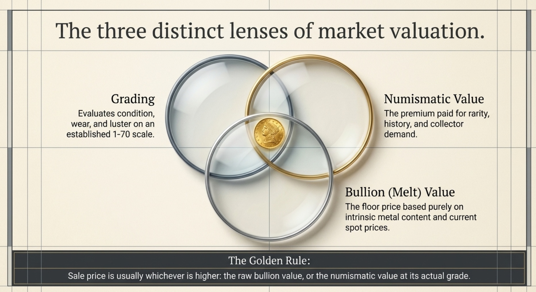 Understand grading, numismatic value, and bullion value together