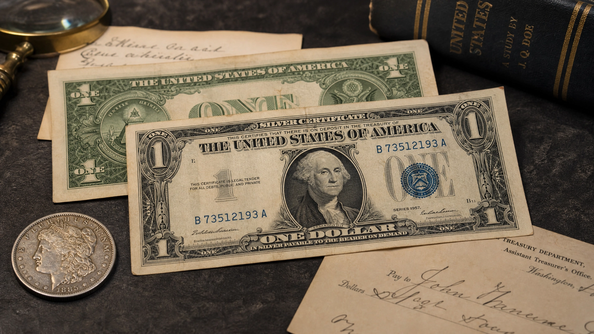 Vintage blue-seal silver certificate resting beside a silver dollar and archival documents
