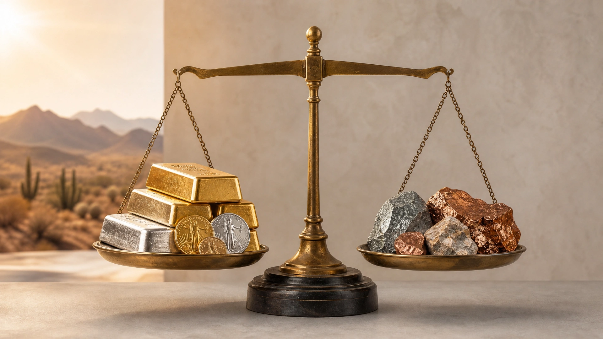 Gold and silver bullion and generic coins arranged beside a balanced brass scale against an Arizona desert backdrop