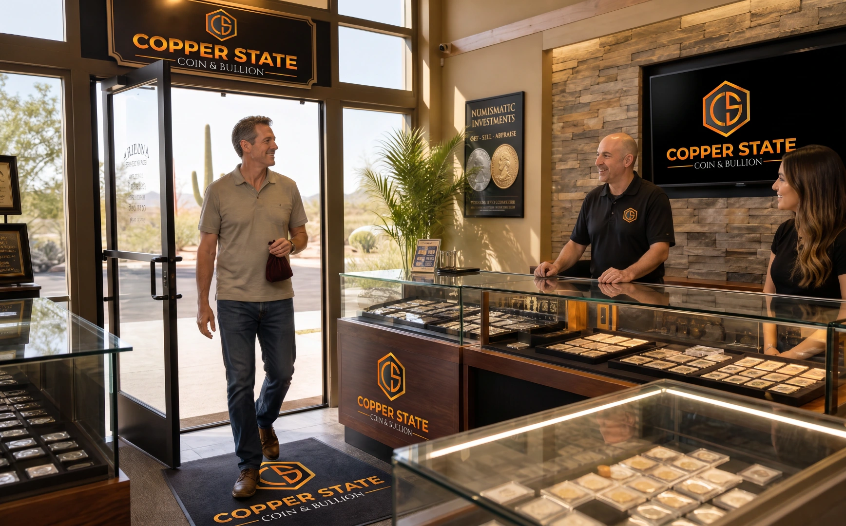 A welcoming coin shop interior with a customer arriving for an appointment