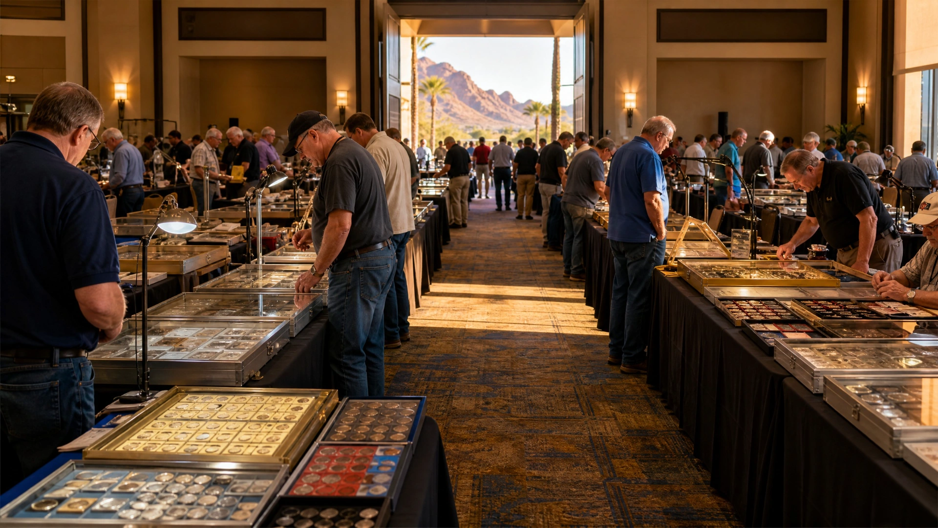 Collectors browsing dealer tables at a Phoenix-area coin show bourse with Arizona mountains visible in the distance