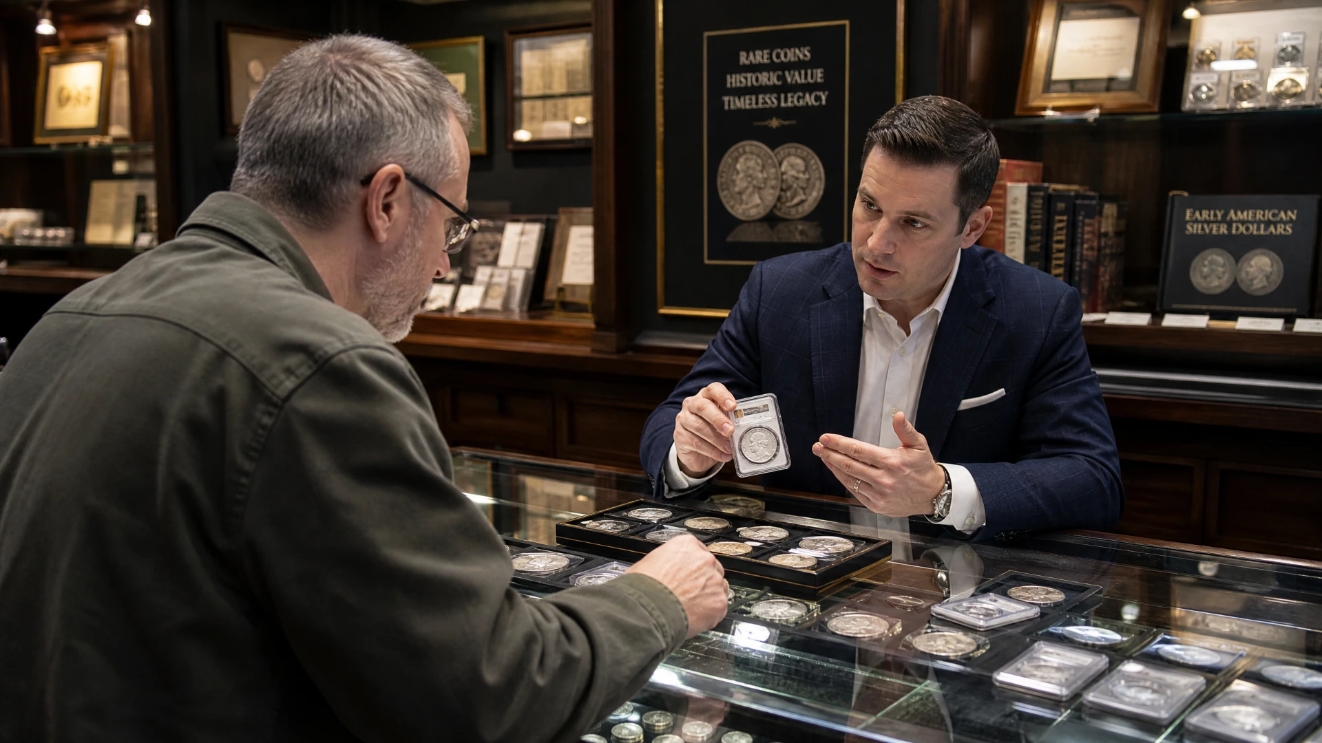 A collector and numismatic dealer examining coins across a glass display showcase.