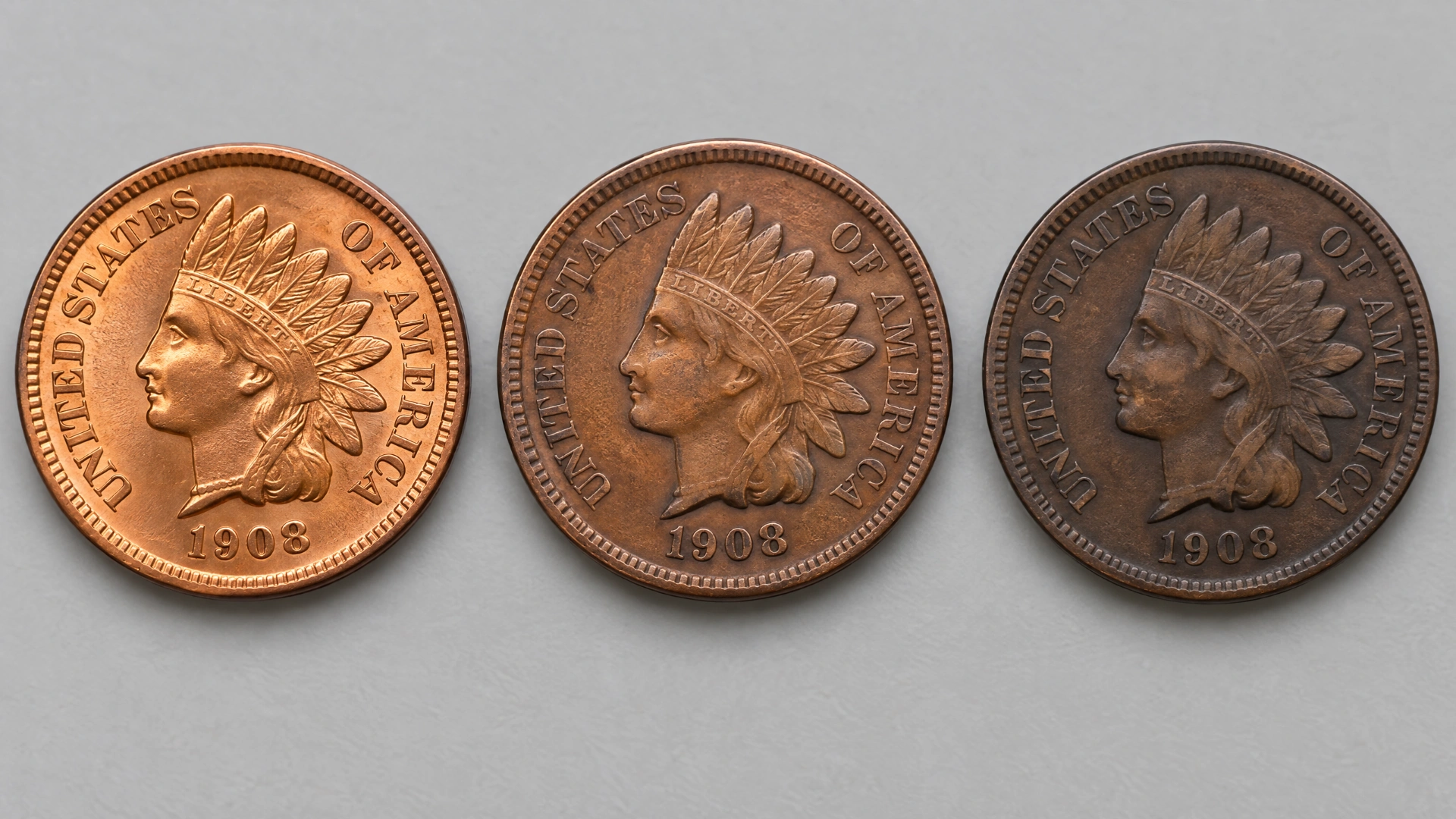 Copper cents can retain red, transition through red-brown, or mellow to brown as their surfaces age.