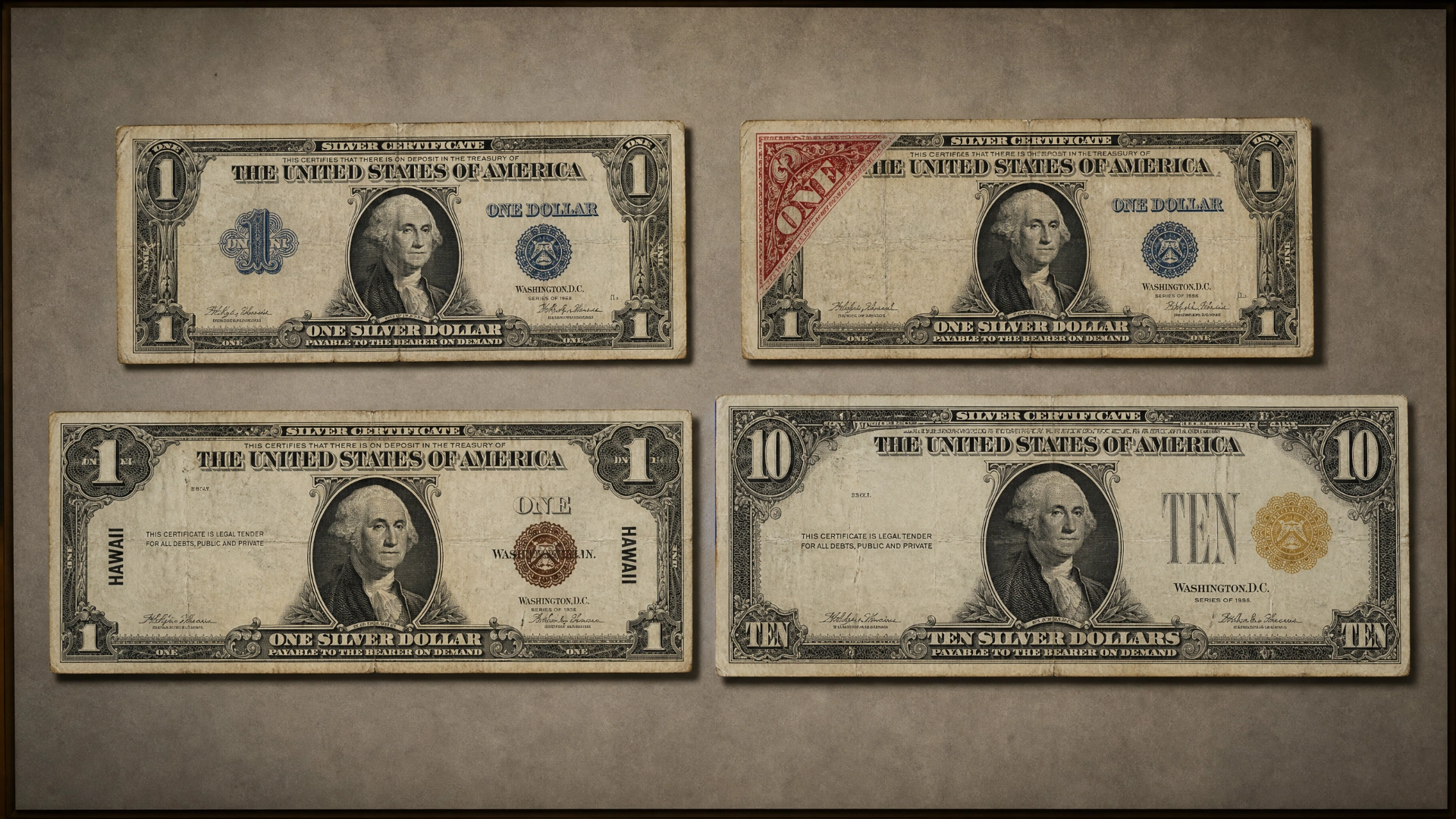 Comparative spread of historically inspired silver certificate issues with blue, red, brown, and yellow seal cues