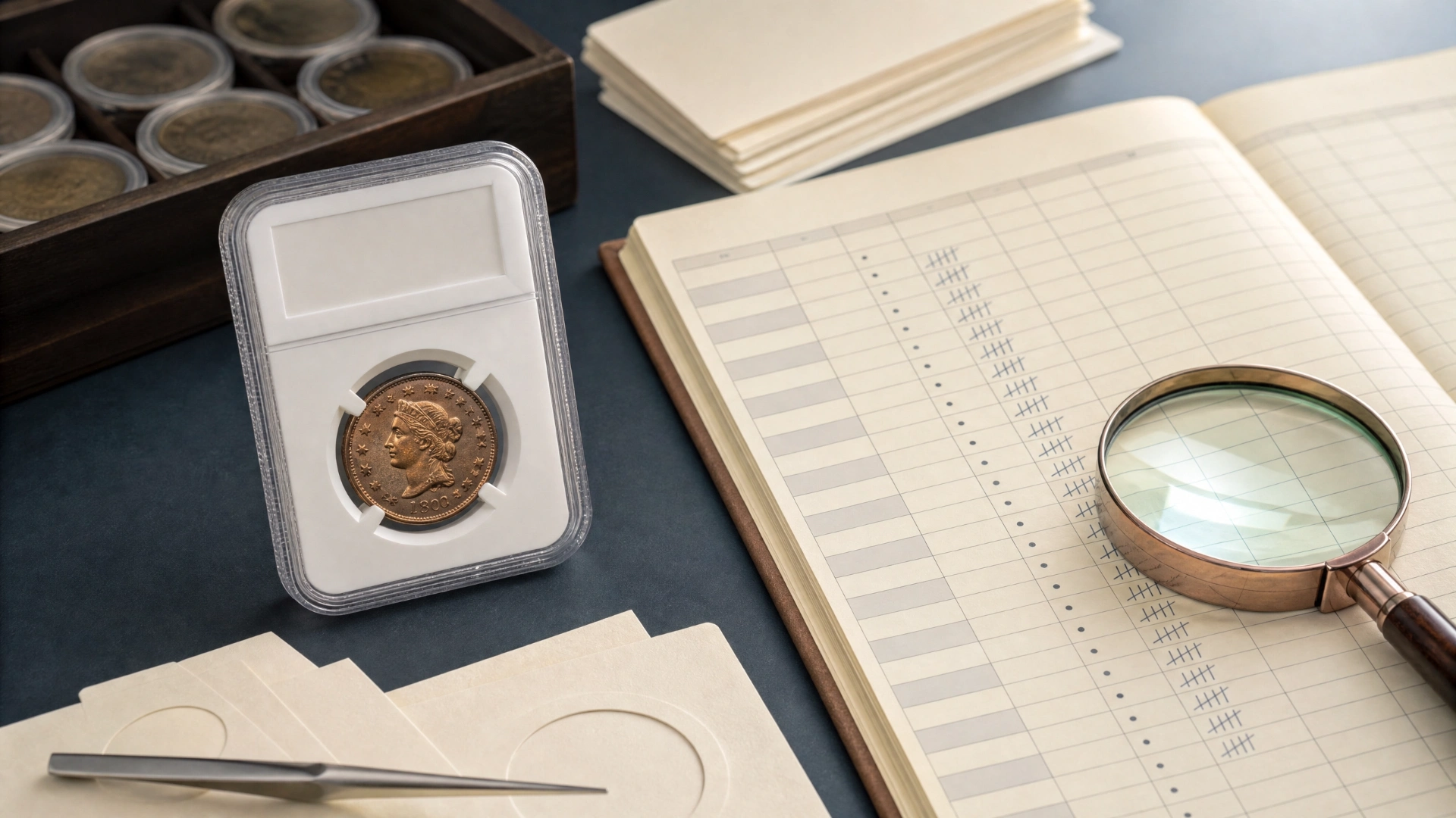 A certified coin, grading ledger and magnifying glass representing the grading events recorded in a population report