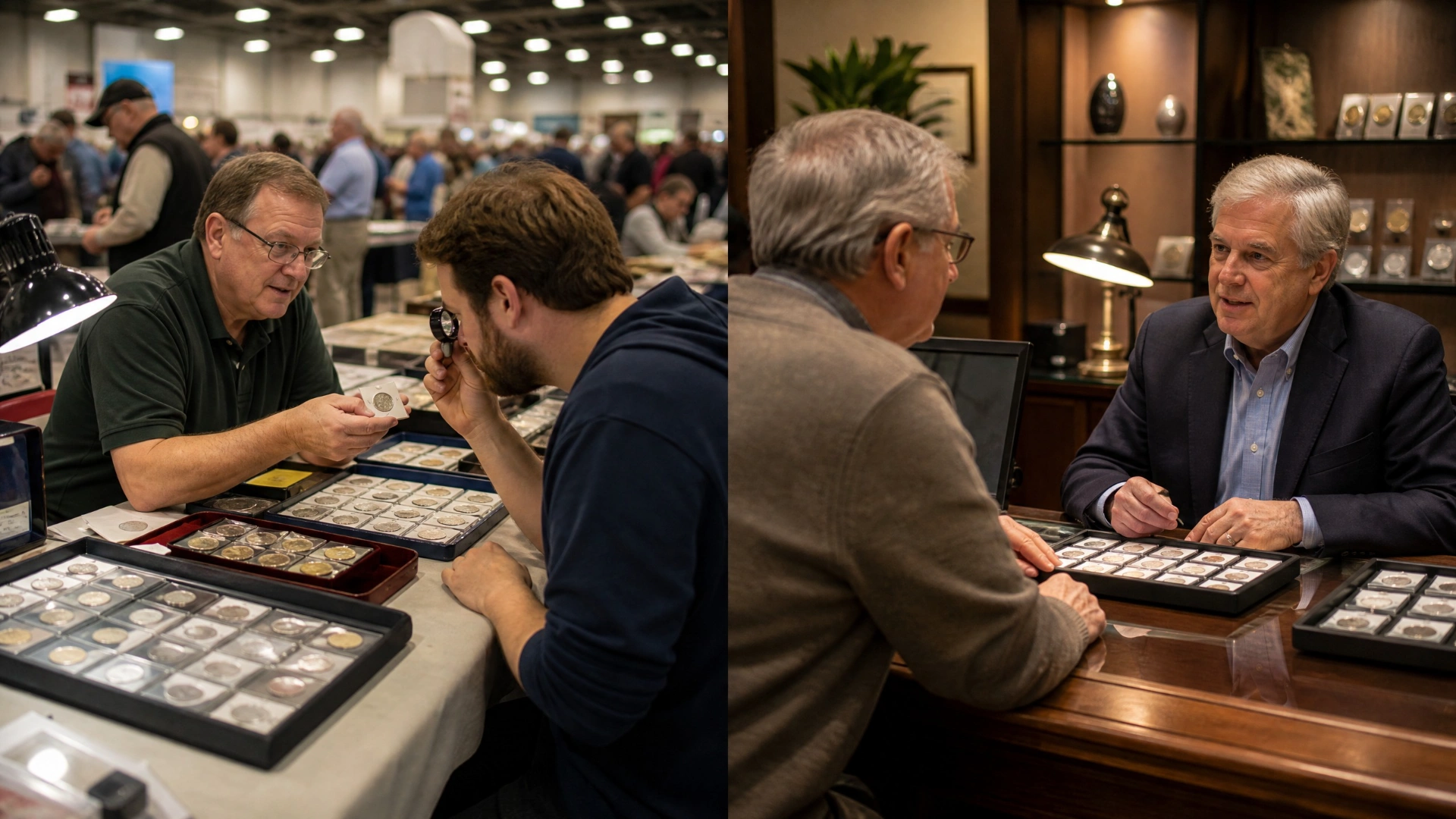Split scene comparing a quick coin appraisal at a show with a calmer discussion at a coin shop