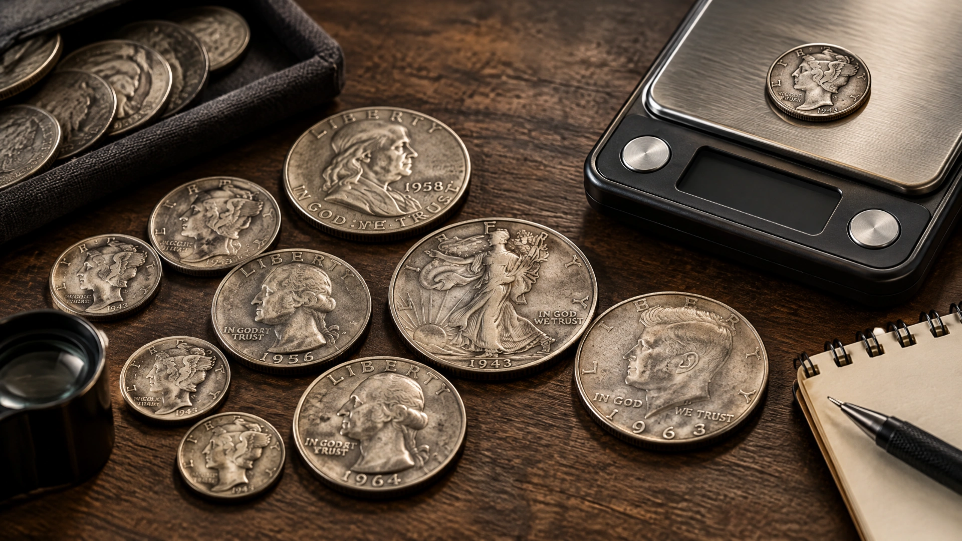 Pre-1965 U.S. silver dimes, quarters, and half dollars beside a precision scale