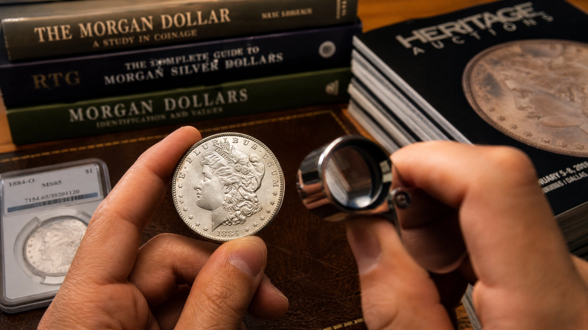 A Morgan silver dollar being examined under a loupe with auction catalogs in the background