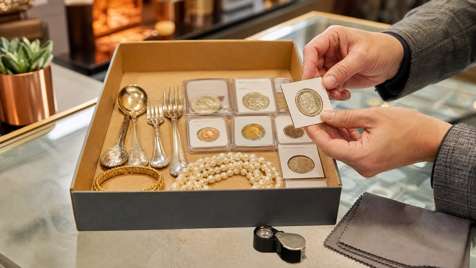 An appraiser examines a coin from a collection containing coins, sterling flatware, pearls, and a gold bracelet