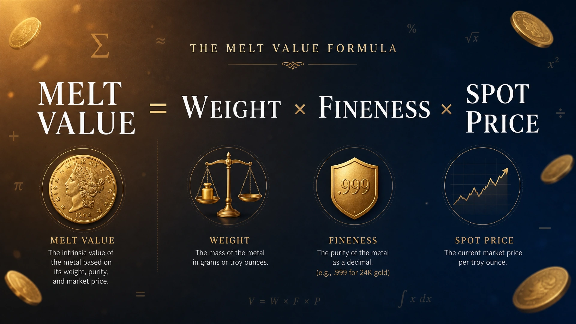 Infographic showing the melt value formula: Weight × Fineness × Spot Price, with elegant typography and coin icons on a dark background